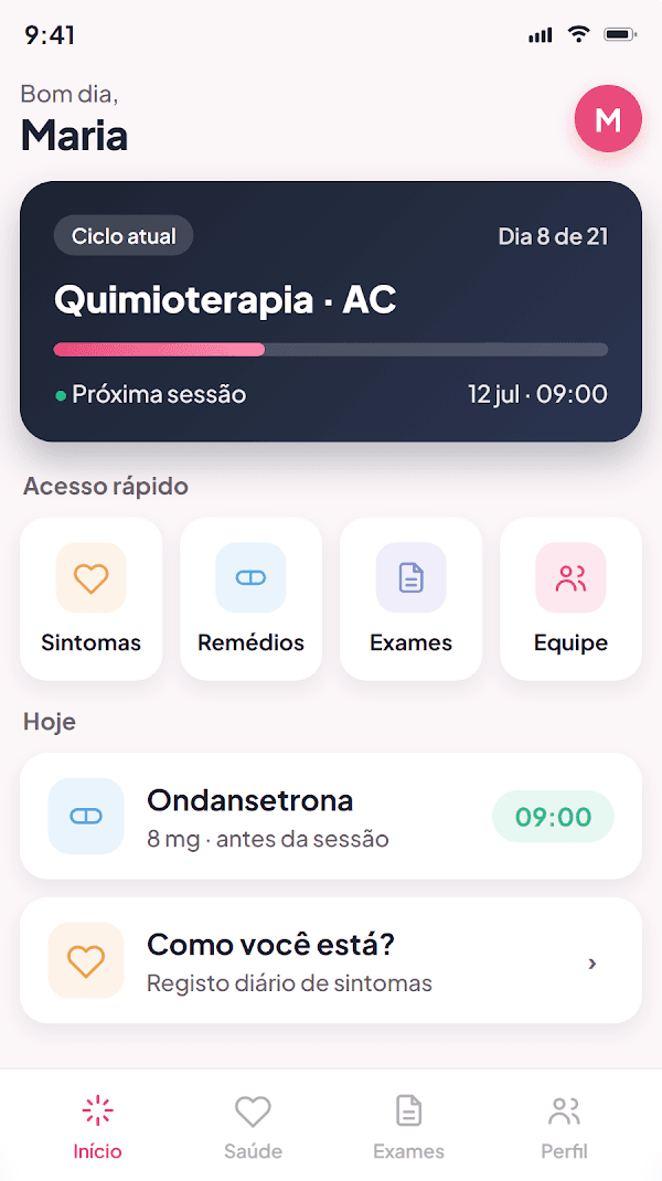 Tela inicial do app Aura Onco com ciclo atual de quimioterapia, acesso rápido e doses do dia