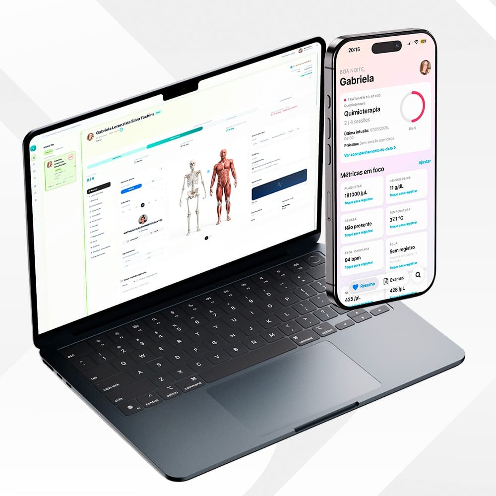 Mockup da Aura Onco com dashboard no notebook e aplicativo no celular