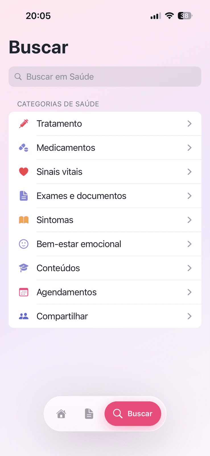 Tela Buscar do app Aura Onco