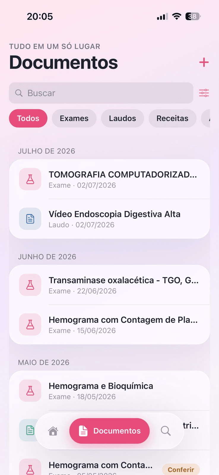 Tela Documentos do app Aura Onco