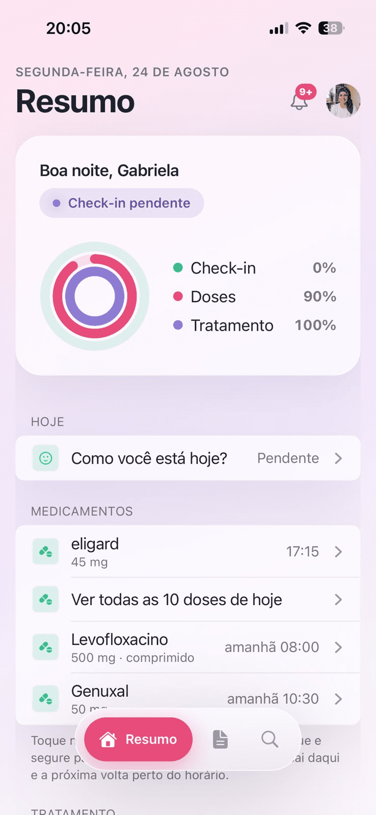 Tela Resumo do app Aura Onco