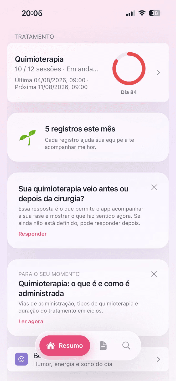 Tela Tratamento do app Aura Onco